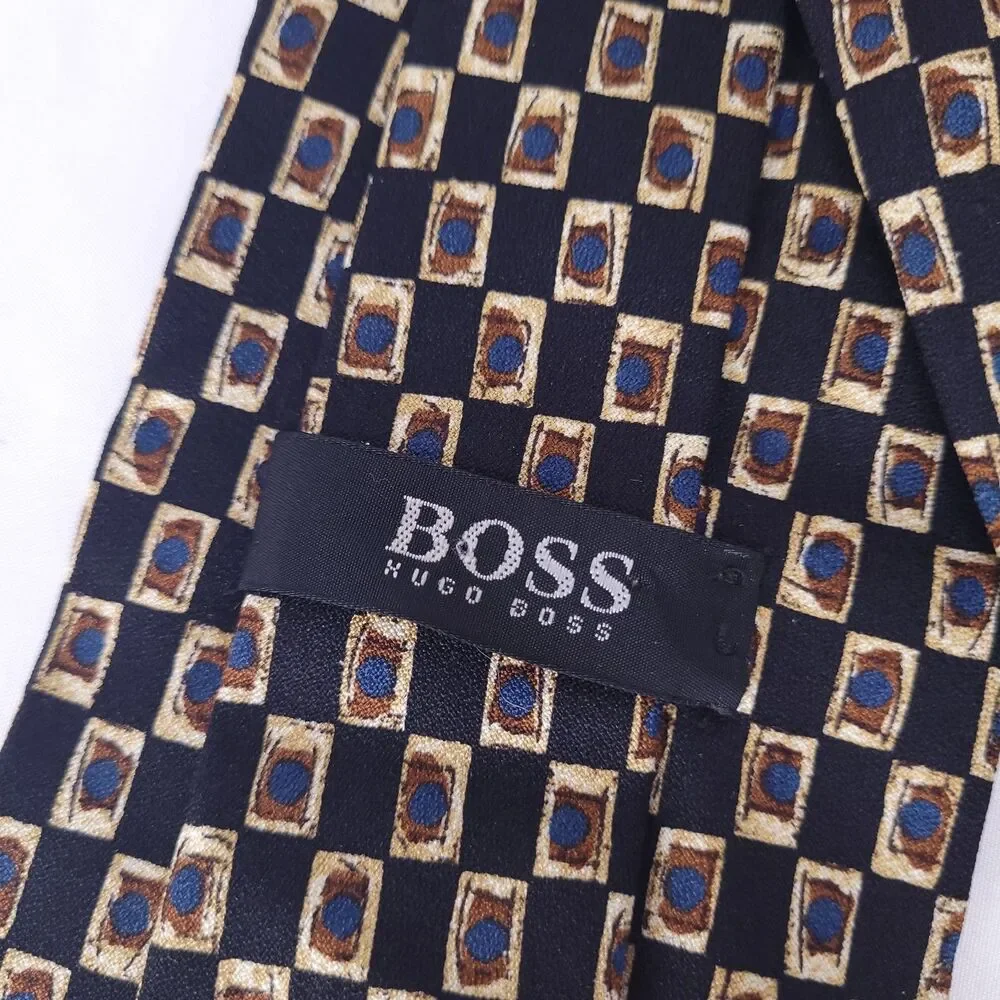 Hugo Boss Silk Tie Black Geometric Made In Italy